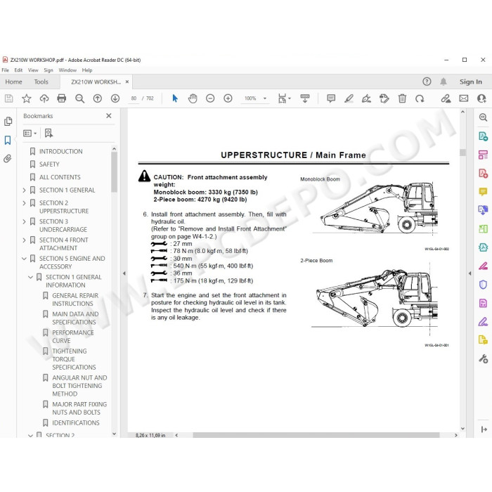 Hitachi Wheeled Excavator Zaxis ZX210W parts manual + workshop service manual