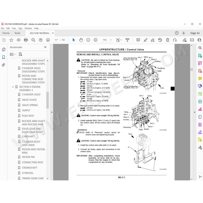 Hitachi Wheeled Excavator Zaxis ZX210W parts manual + workshop service manual