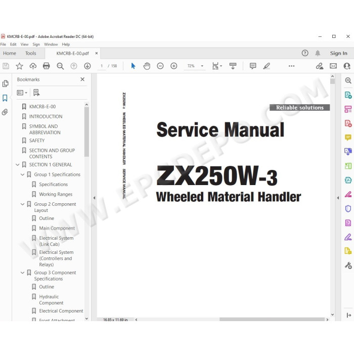 Hitachi Material Handler Zaxis ZX250W-3 workshop service manual