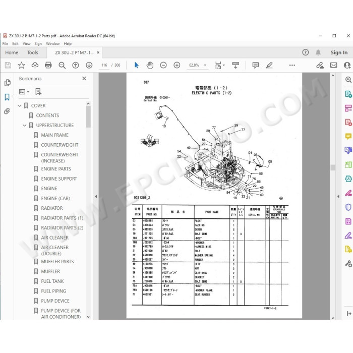 Hitachi Excavator Zaxis ZX27U-2 ZX30U-2 ZX35U-2 parts manual + workshop service manual