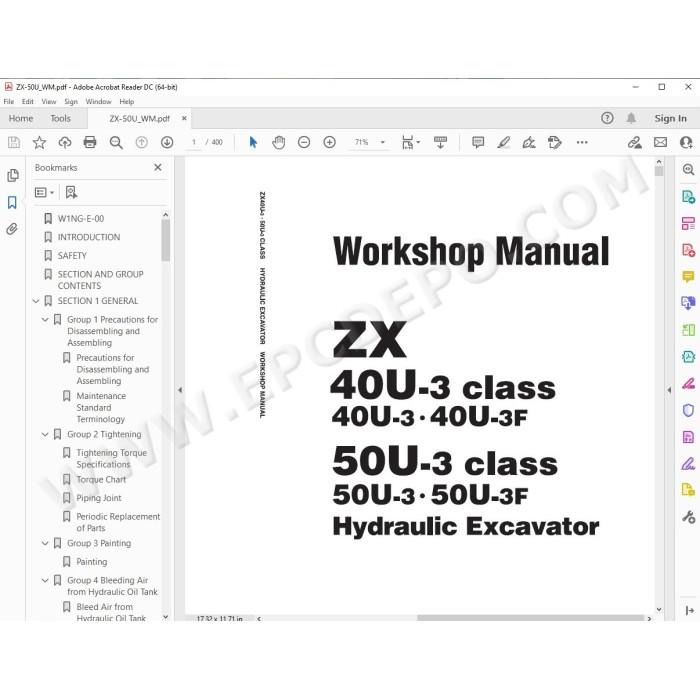 Hitachi Excavator Zaxis ZX40U-3 ZX40U-3F ZX50U-3 ZX50U-3F workshop service manual