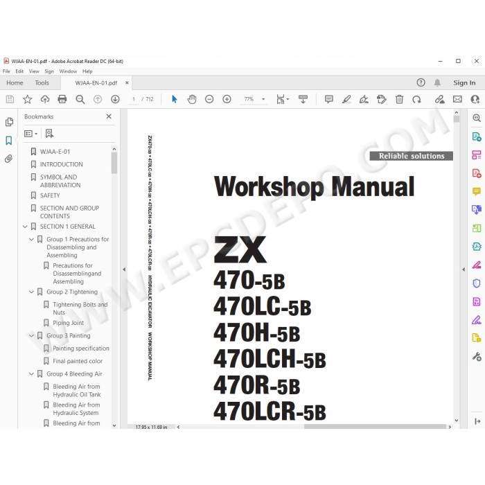 Hitachi Excavator Zaxis ZX470-5B ZX470LC-5B ZX470H-5B ZX470LCH-5B ZX470R-5B ZX470LCR-5B service manual