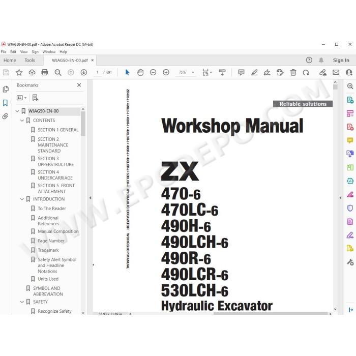Hitachi Excavator Zaxis ZX470-6 ZX470LC-6 ZX490H-6 ZX490LCH-6 ZX490R-6 ZX490LCR-6 ZX530LCH-6 service manual