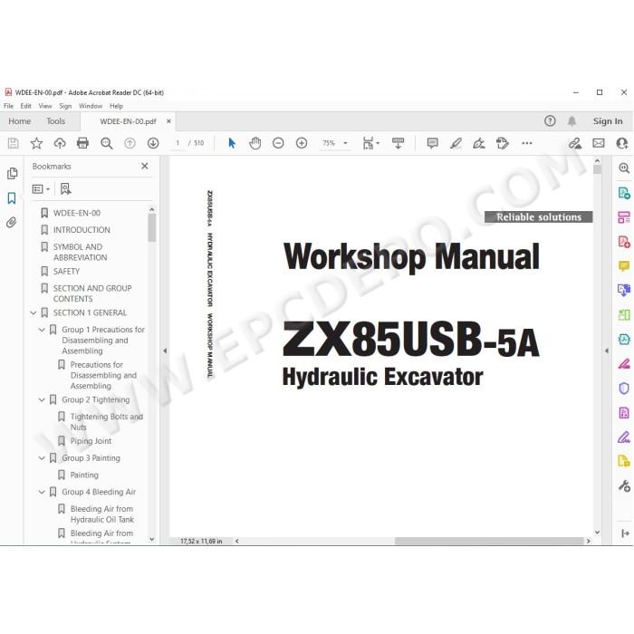 Hitachi Excavator Zaxis ZX85USB-5A parts + workshop service manual