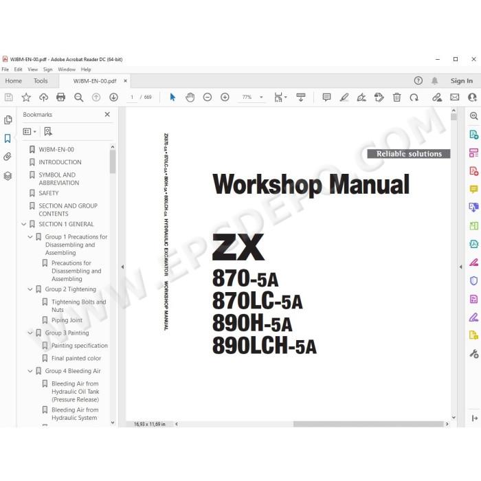 Hitachi Excavator Zaxis ZX870-5A ZX870LC-5A ZX890H-5A ZX890LCH-5A service manual