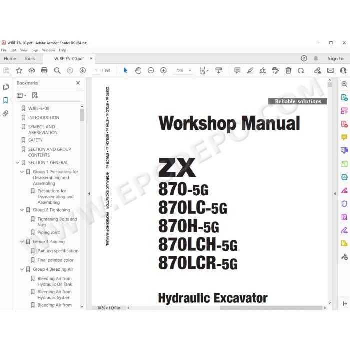 Hitachi Excavator Zaxis ZX870-5G ZX870LC-5G ZX870H-5G ZX870LCH-5G ZX870LCR-5G service manual
