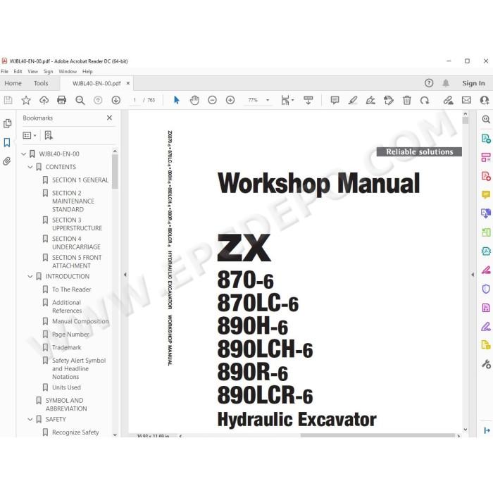 Hitachi Excavator Zaxis ZX870-6 ZX870LC-6 ZX890H-6 ZX890LCH-6 ZX890R-6 ZX890LCR-6 service manual