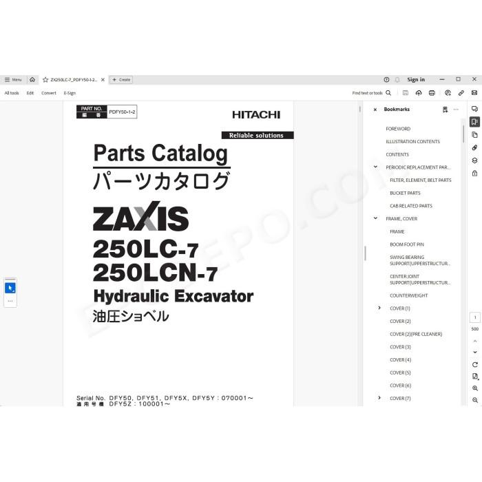 Hitachi Excavator Zaxis ZX250LC-7 ZX250LCN-7 parts + workshop service manual