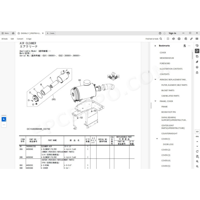 Hitachi Excavator Zaxis ZX350LC-7 ZX350LCN-7 parts + workshop service manual