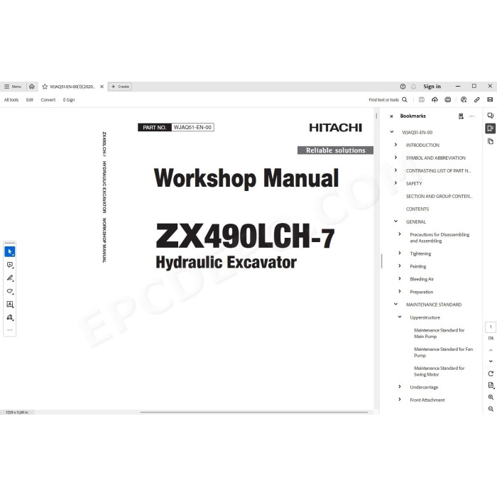 Hitachi Excavator Zaxis ZX490LCH-7 parts + workshop service manual