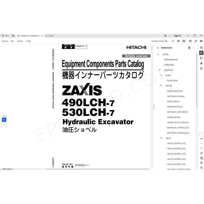 Hitachi Excavator Zaxis ZX490LCH-7 parts + workshop service manual