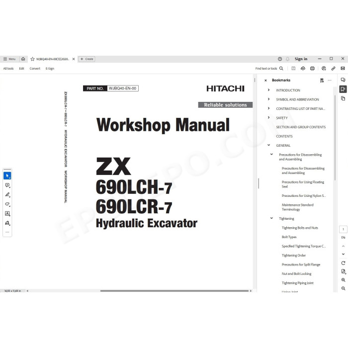 Hitachi Excavator Zaxis ZX690LCH-7 ZX690LCR-7 parts + workshop service manual