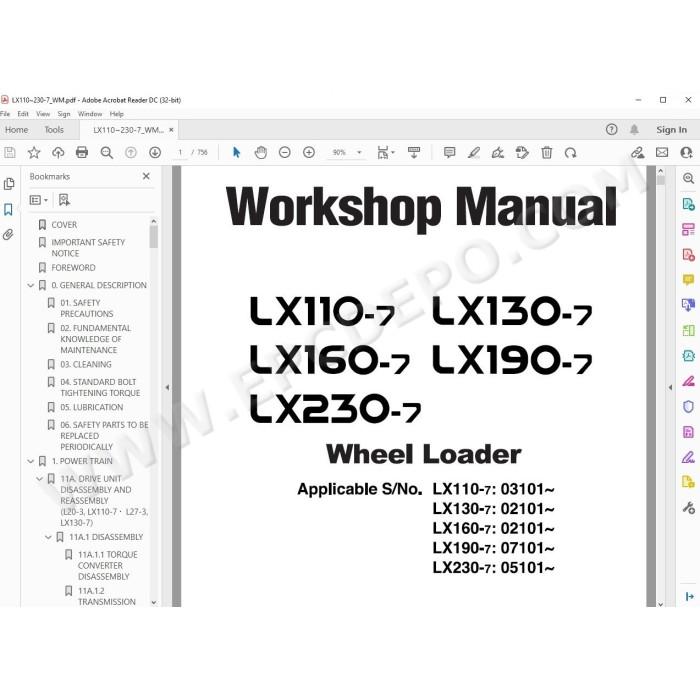 Hitachi Wheel Loader LX110-7 LX130-7 LX160-7 LX190-7 LX230-7 parts manual + workshop service manual
