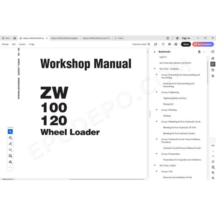 Hitachi Wheel Loader ZW100 ZW120 workshop service manual
