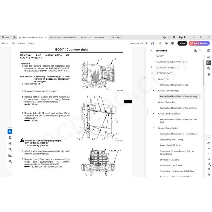 Hitachi Wheel Loader ZW100 ZW120 workshop service manual