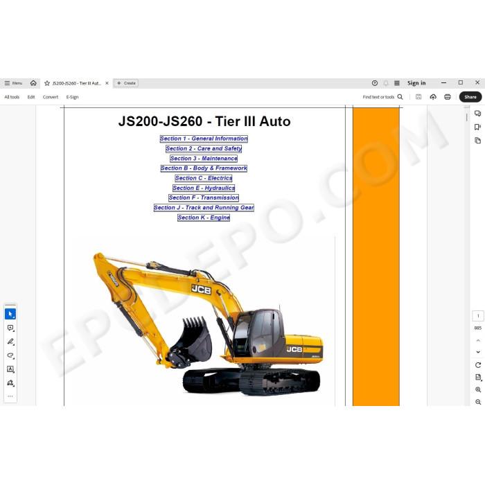 JCB Excavator JS200 JS210 JS220 JS235 JS240 JS260 Tier 3 Auto service manual