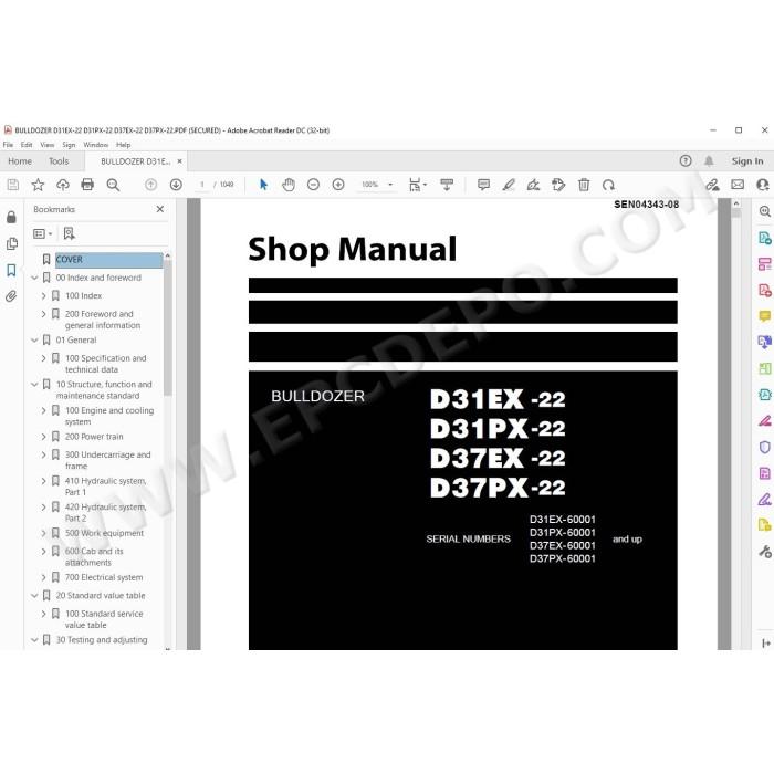 Komatsu Bulldozer D31EX-22 D31PX-22 D37EX-22 D37PX-22 service & repair manual