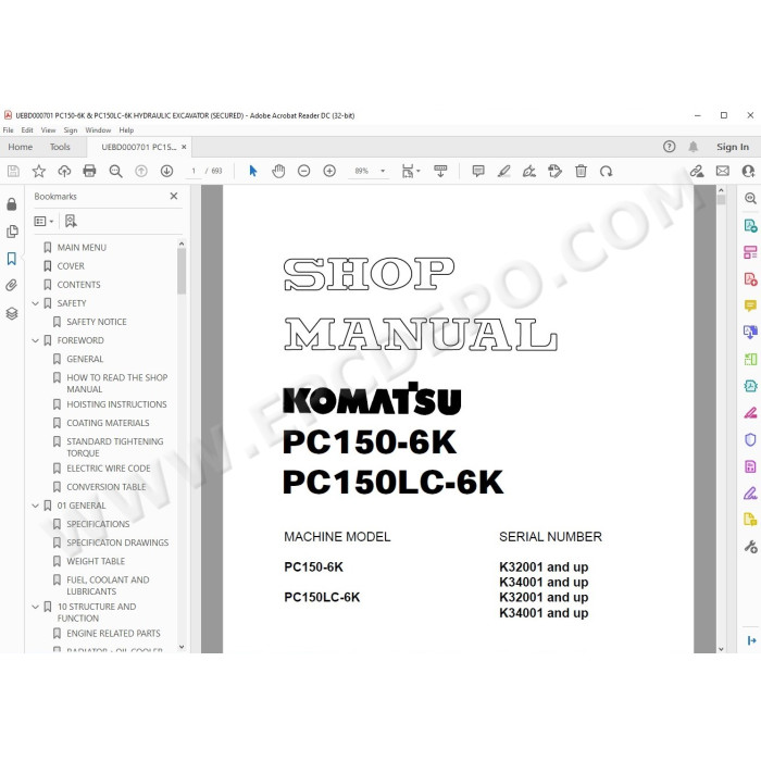 Komatsu Excavator PC150-6K PC150LC-6K service & repair manual