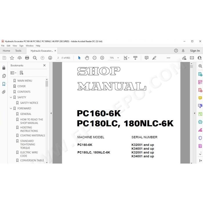 Komatsu Excavator PC160-6K PC180LC-6K PC180NLC-6K service & repair manual
