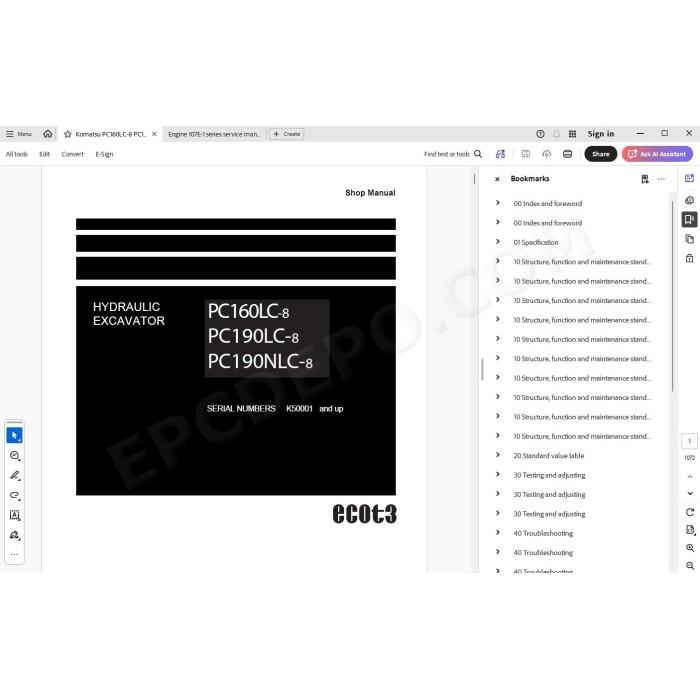 Komatsu Excavator PC160LC-8 PC190LC-8 PC190NLC-8 service & repair manual