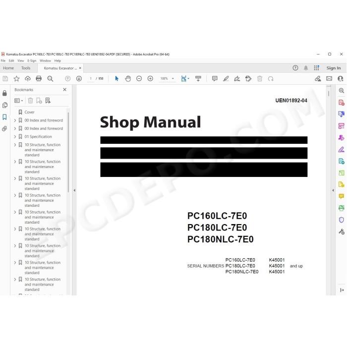 Komatsu Excavator PC160LC-7E0 PC180LC-7E0 PC180NLC-7E0 service manual