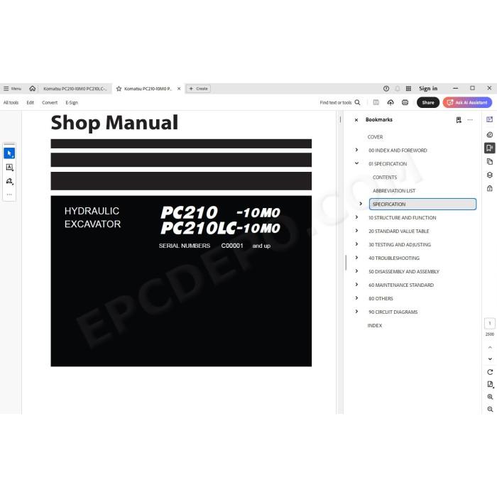 Komatsu Excavator PC210-10M0 PC210LC-10M0 parts + service manual