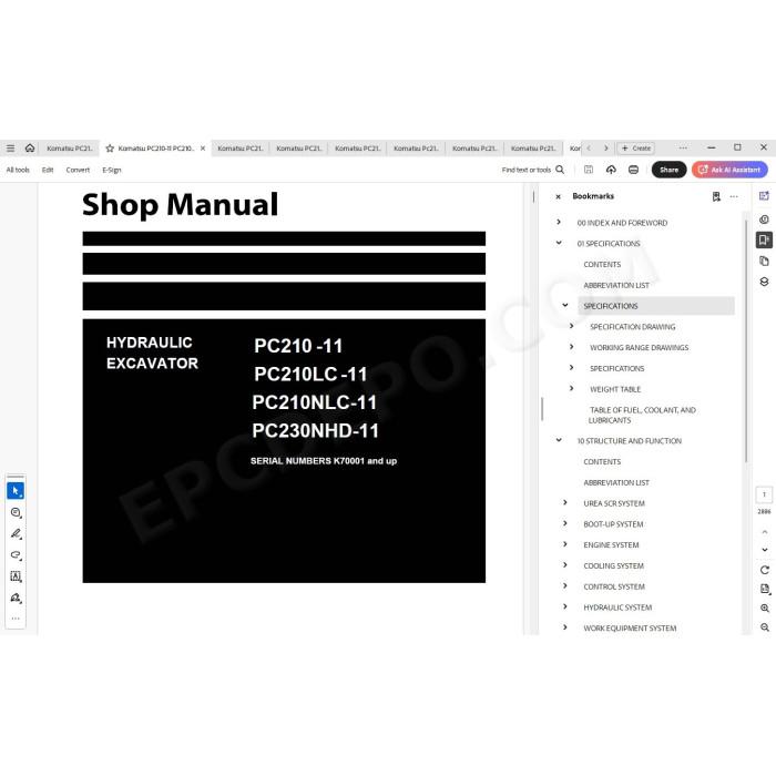 Komatsu Excavator PC210-11 PC210LC-11 PC210NLC-11 PC230NHD-11 service & repair manual