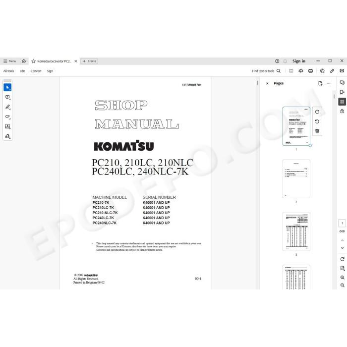 Komatsu Excavator PC210-7K PC210LC-7K PC210-NLC-7K PC240LC-7K PC240NLC-7K service & repair manual