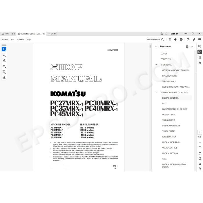 Komatsu Excavator PC27MRX-1 PC30MRX-1 PC35MRX-1 PC40MRX-1 PC45MRX-1 service manual
