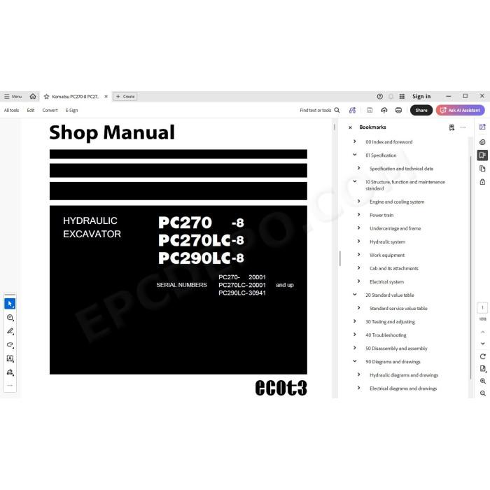 Komatsu Excavator PC270-8 PC270LC-8 PC290LC-8 service & repair manual