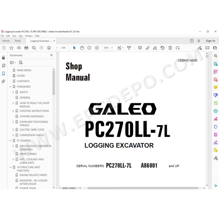 Komatsu Logging Excavator PC270LL-7L Galeo service & repair manual