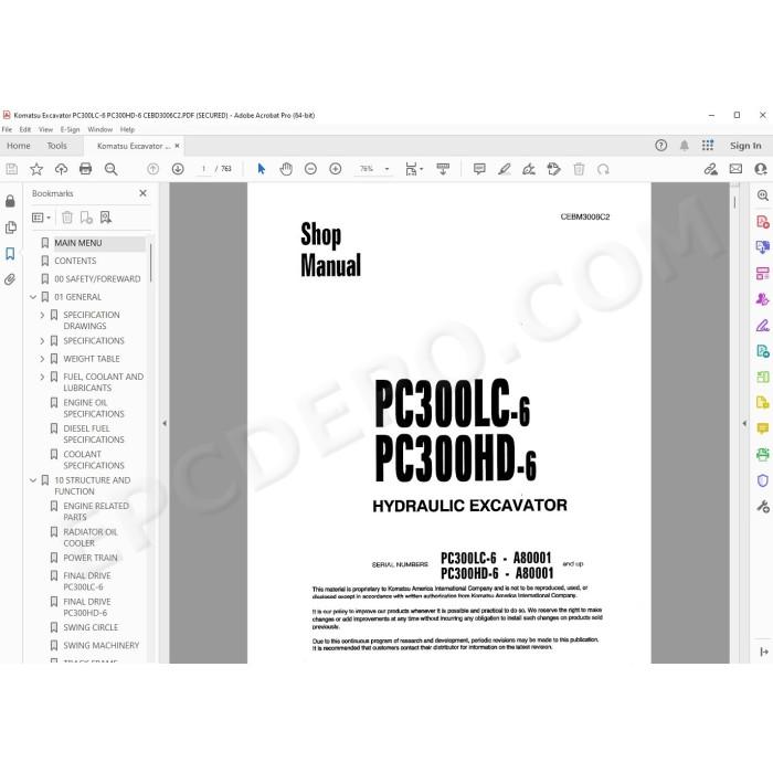 Komatsu Excavator PC300LC-6 PC300HD-6 service & repair manual