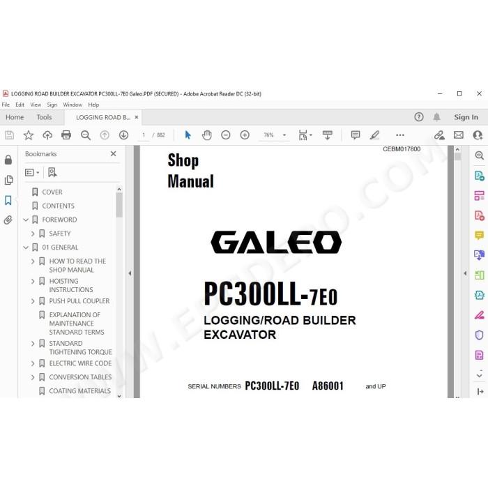 Komatsu Excavator PC300LL-7E0 Galeo service & repair manual