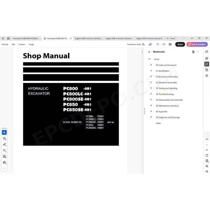 Komatsu Excavator PC800-8R1 PC800LC-8R1 PC800SE-8R1 PC850-8R1 PC850SE-8R1 service manual