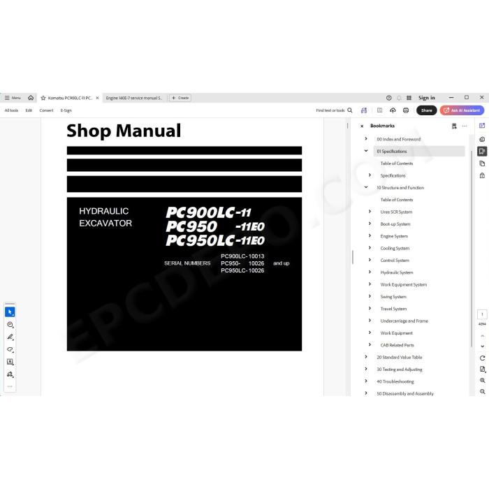 Komatsu Excavator PC900LC-11 PC950-11E0 PC950LC-11E0 workshop manual