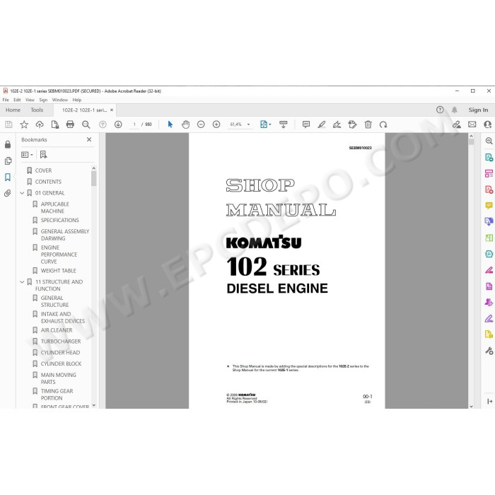 Komatsu Engine 102E-1 102E-2 series workshop service manual