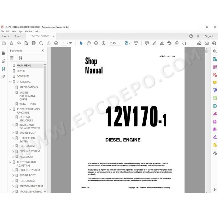 Komatsu Engine 12V170-1 series workshop service manual