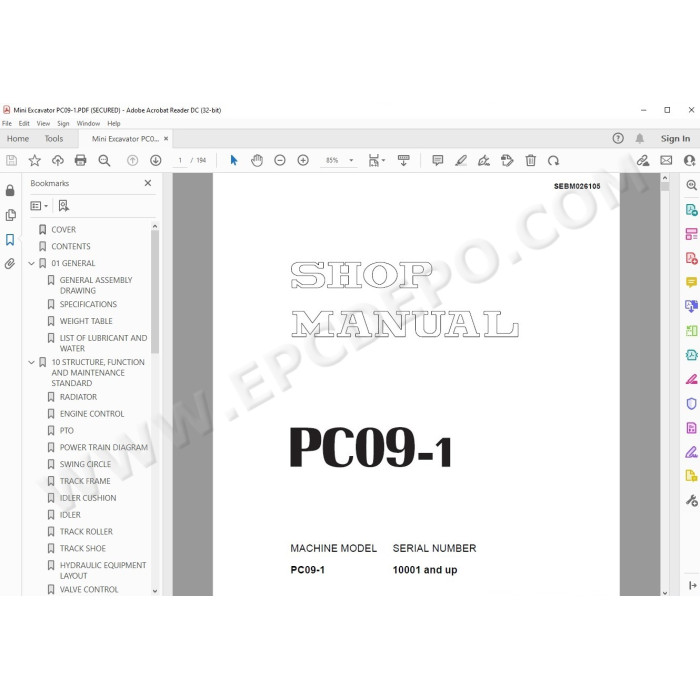 Komatsu Mini Excavator PC09-1 service & repair manual