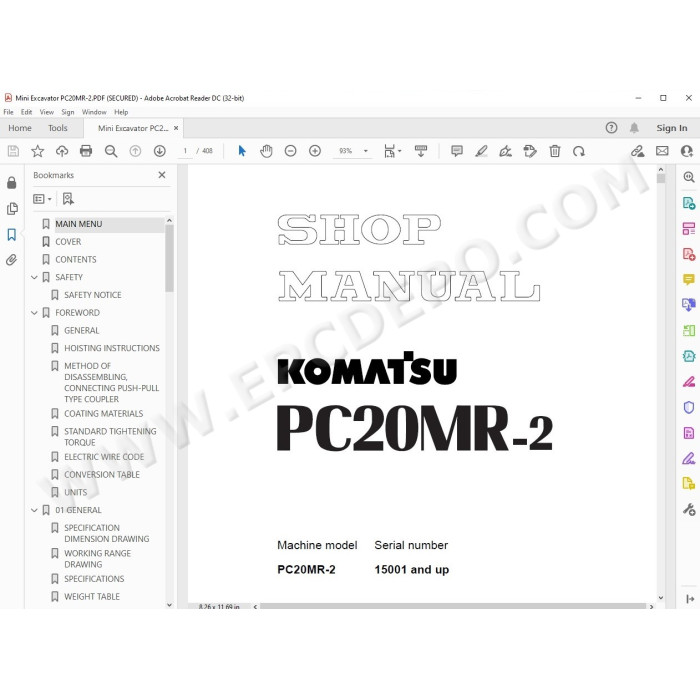 Komatsu Mini Excavator PC20MR-2 service & repair manual