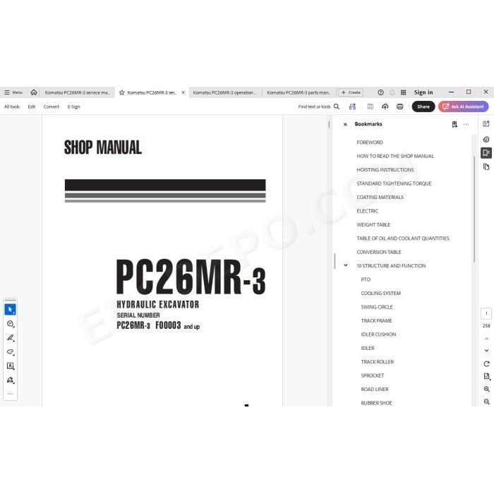 Komatsu Mini Excavator PC26MR-3 parts + service manual