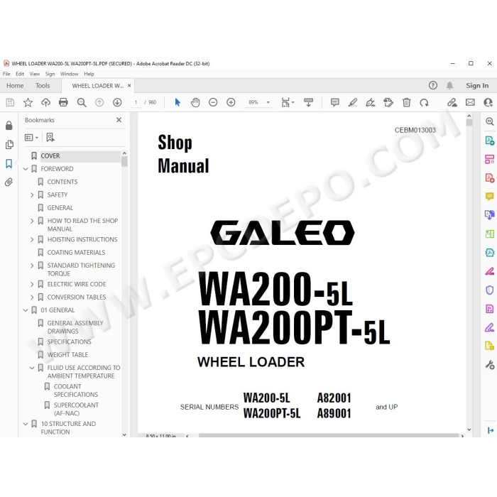 Komatsu Wheel Loader WA200-5L WA200PT-5L Galeo service & repair manual