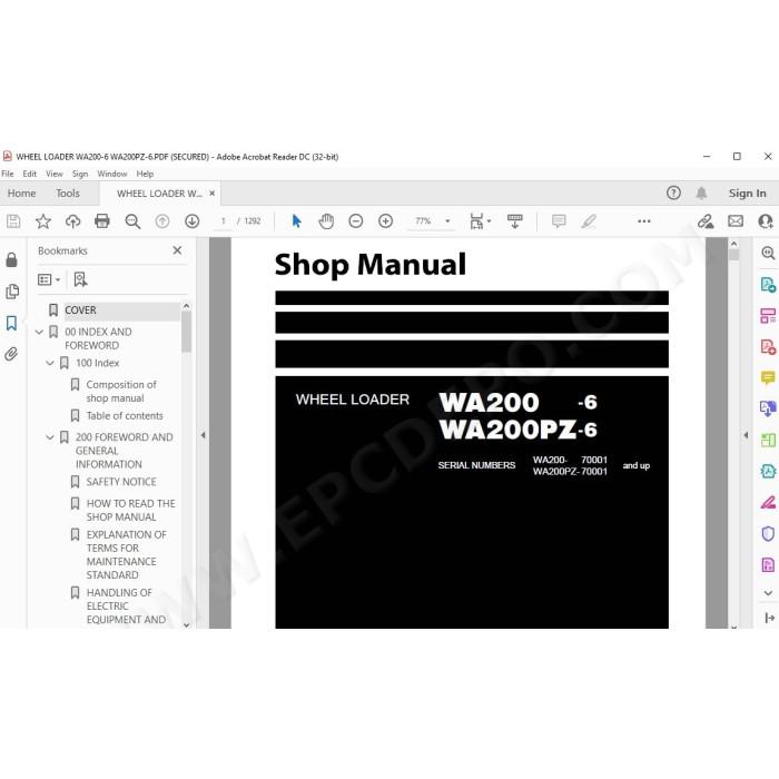 Komatsu Wheel Loader WA200-6 WA200PZ-6 service & repair manual