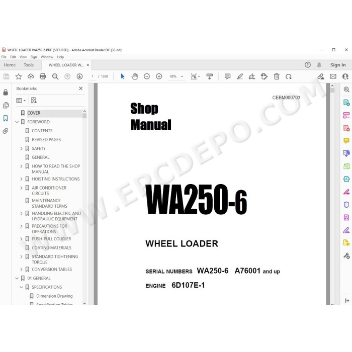 Komatsu Wheel Loader WA250-6 WA250PZ-6 service & repair manual