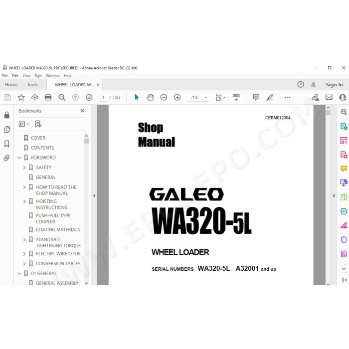 Komatsu Wheel Loader WA320-5L Galeo service & repair manual