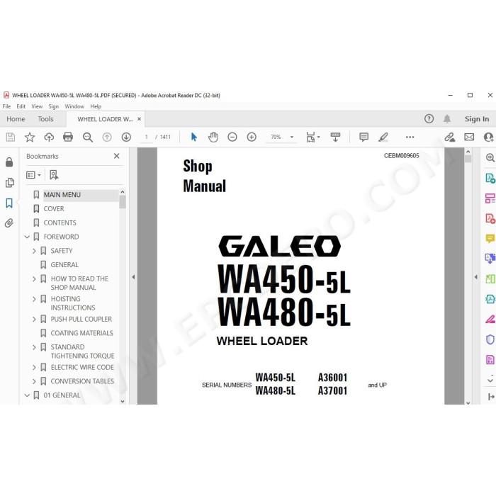 Komatsu Wheel Loader WA450-5L WA480-5L Galeo service & repair manual