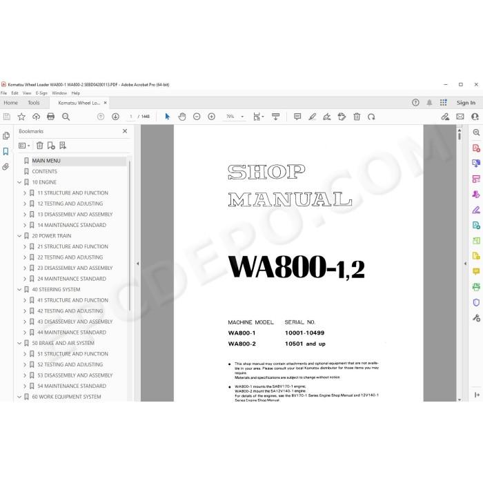 Komatsu Wheel Loader WA800-1 WA800-2 service & repair manual