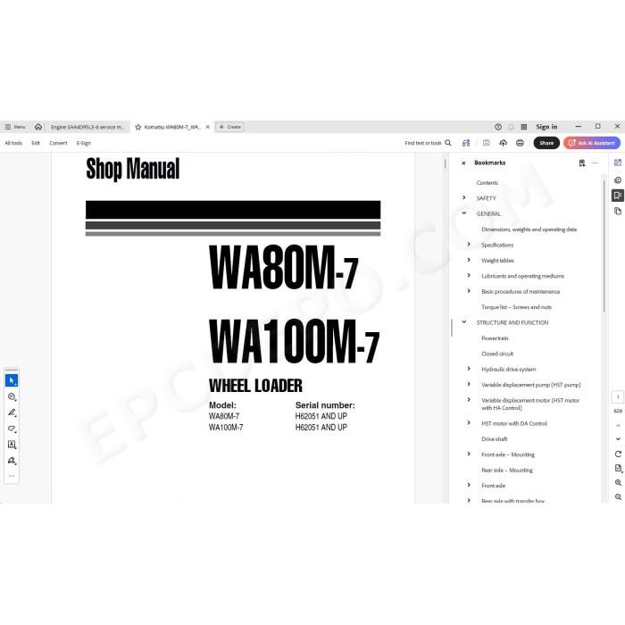 Komatsu Wheel Loader WA80M-7 WA100M-7 service & repair manual
