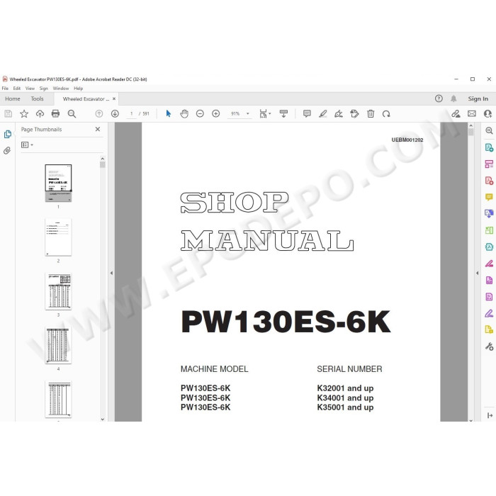 Komatsu Wheeled Excavator PW130ES-6K service & repair manual