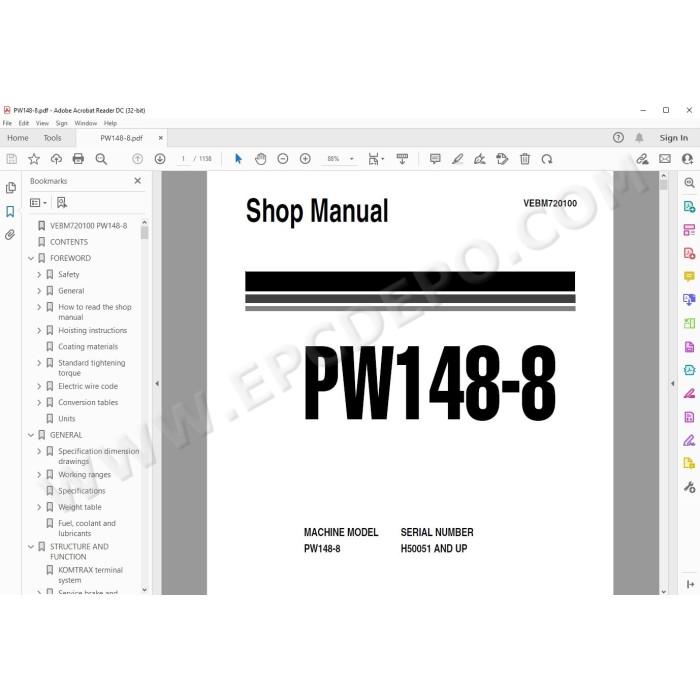Komatsu Wheeled Excavator PW148-8 service & repair manual