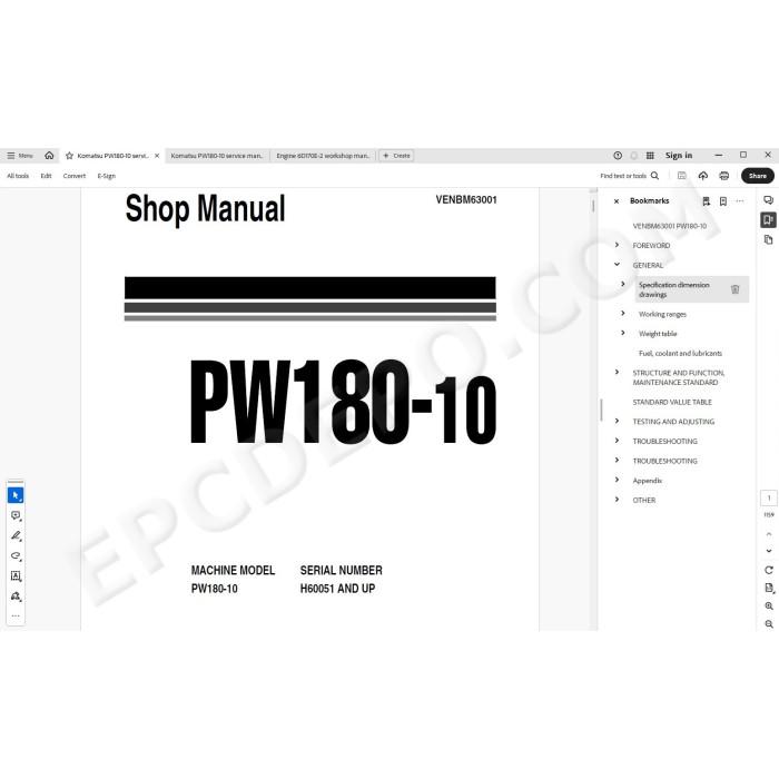 Komatsu Wheeled Excavator PW180-10 service & repair manual